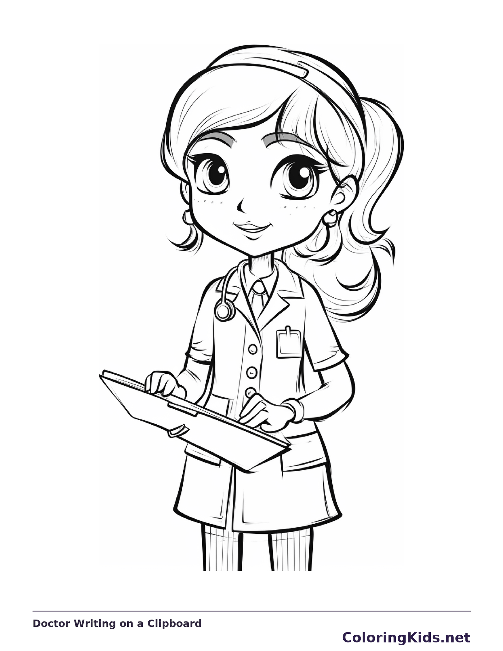 Black and white printable doctor writing on a clipboard coloring sheet