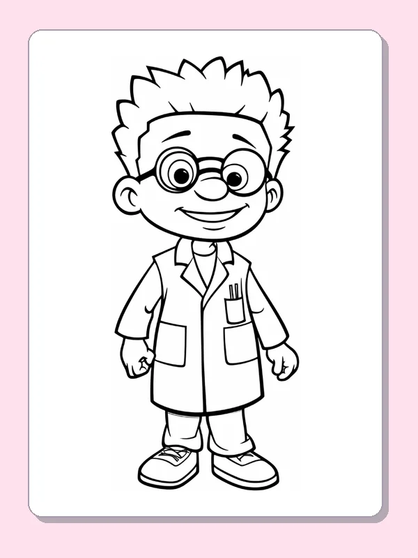 Black and white printable smiling cartoon doctor in a coat coloring sheet