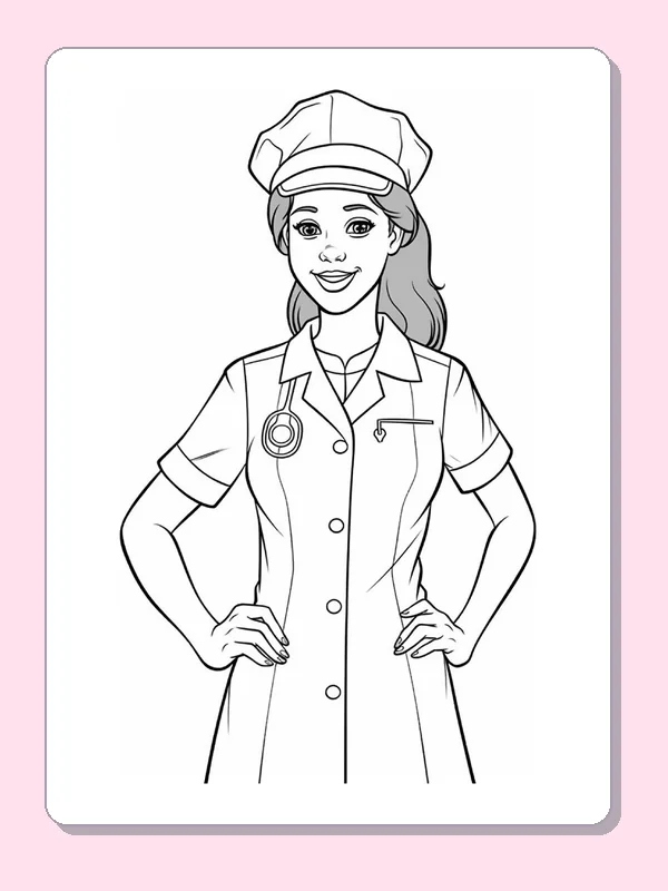 Black and white printable woman doctor with a stethoscope coloring sheet