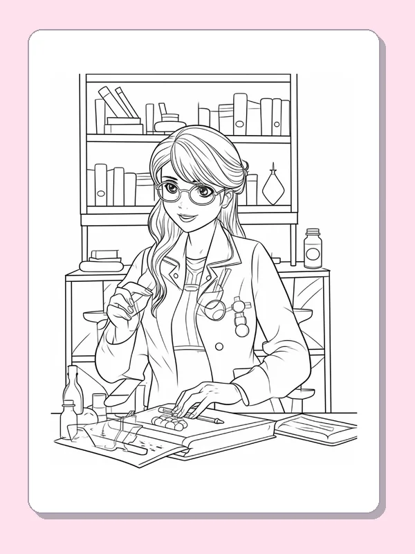 Black and white printable woman doctor working at a desk coloring sheet