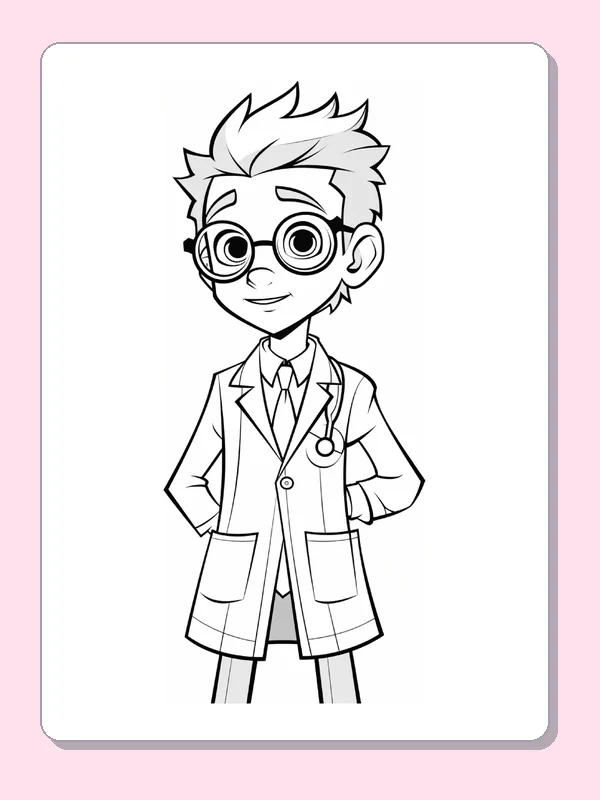 Black and white printable spiky-haired doctor with a tie coloring sheet