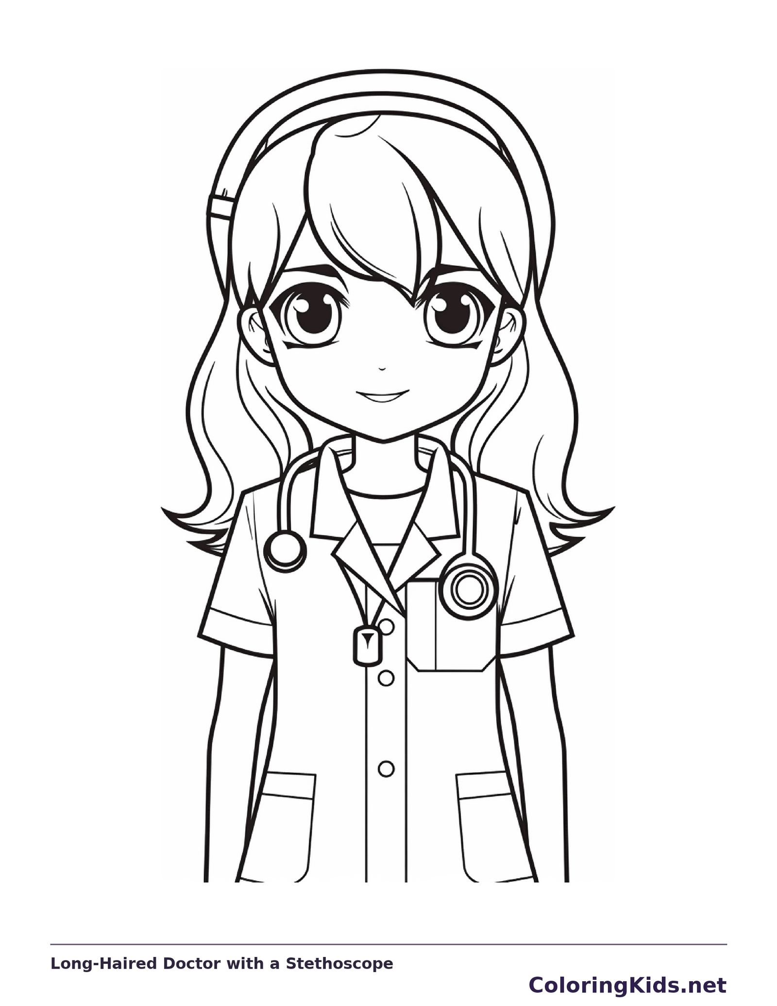 Black and white printable long-haired doctor with a stethoscope coloring sheet