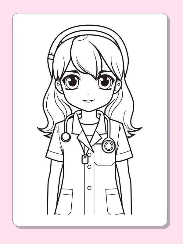 Black and white printable long-haired doctor with a stethoscope coloring sheet