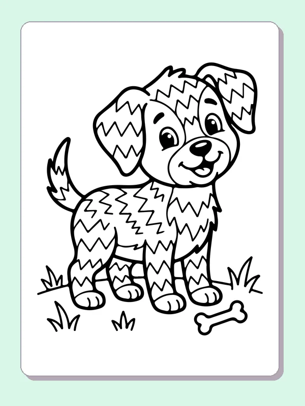 Black-and-white dog coloring page showing zigzag puppy beside a bone. Bold zigzags run across this puppy's ears, coat and tail. A bone rests by its paws, with small clumps of grass around the feet.