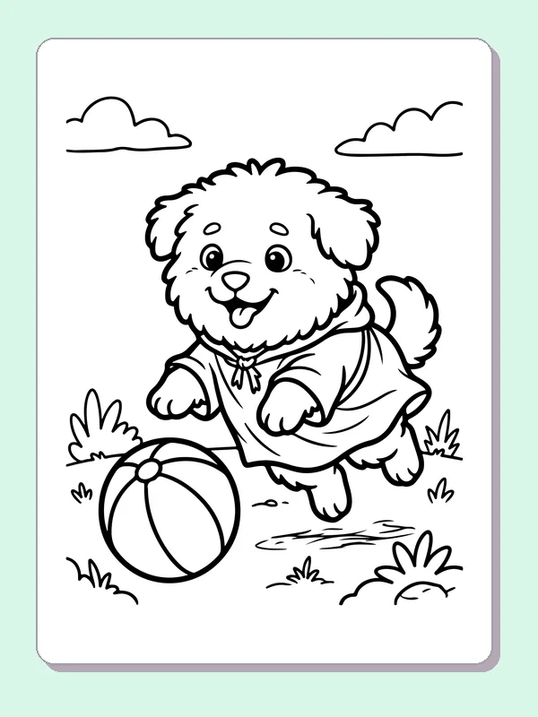 Black-and-white dog coloring page showing running puppy and beach ball. A fluffy puppy runs toward a striped ball through tufts of grass. Its lifted paws, neck ribbon and curved ground marks give the scene motion.