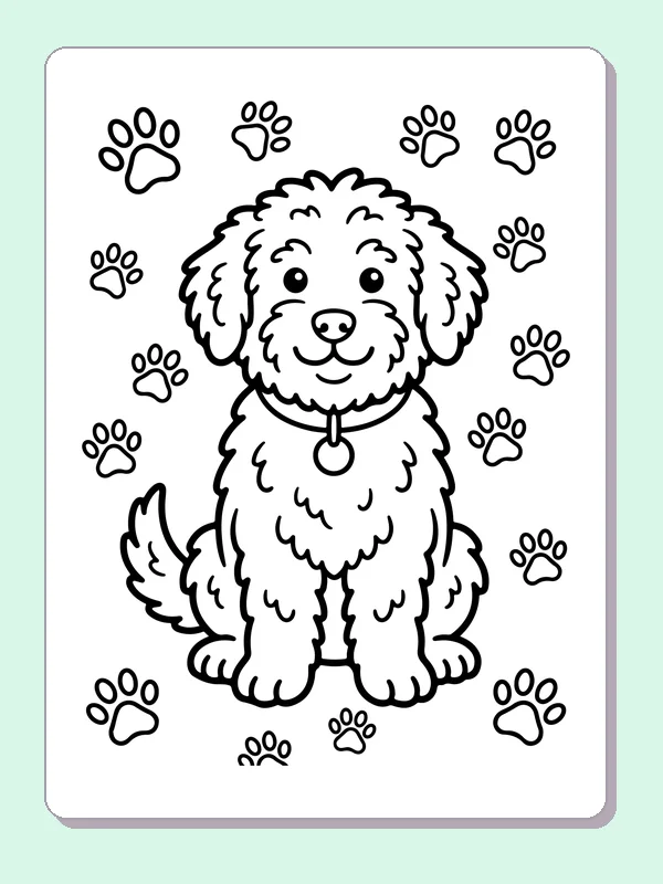 Black-and-white dog coloring page showing collared puppy with paw prints. A curly dog wearing a round tag sits in the middle of scattered paw prints. Color the larger coat first, then repeat a pattern around it.