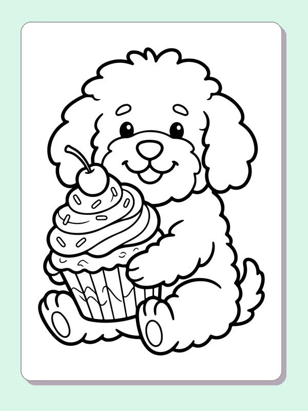 Black-and-white dog coloring page showing puppy holding a swirled cupcake. A round, curly puppy holds a cupcake topped with a high swirl and cherry. The large dog and cake shapes suit a short coloring session.