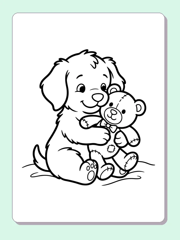 Black-and-white dog coloring page showing puppy hugging a teddy bear. A sitting puppy wraps both front paws around a small teddy bear. The toy's ears and foot pads give a few simple details to finish.