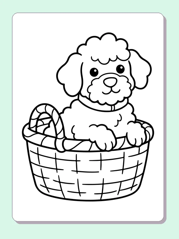 Black-and-white dog coloring page showing puppy sitting in a woven basket. A curly puppy rests its front paws over a basket rim. Crossing strips make the basket slower to color than the dog's open face.