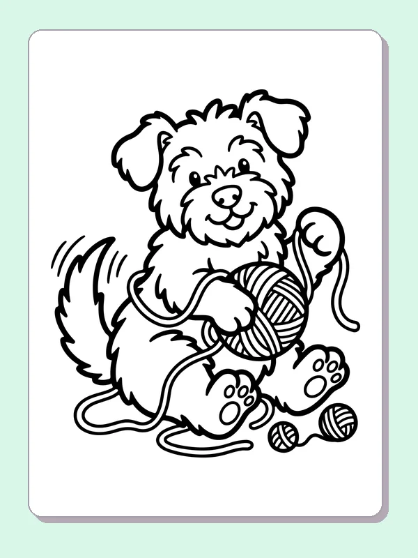 Black-and-white dog coloring page showing puppy playing with yarn. A puppy grips a striped yarn ball as loose strands curl around its body. Two smaller balls and the crossing loops add careful coloring spots.