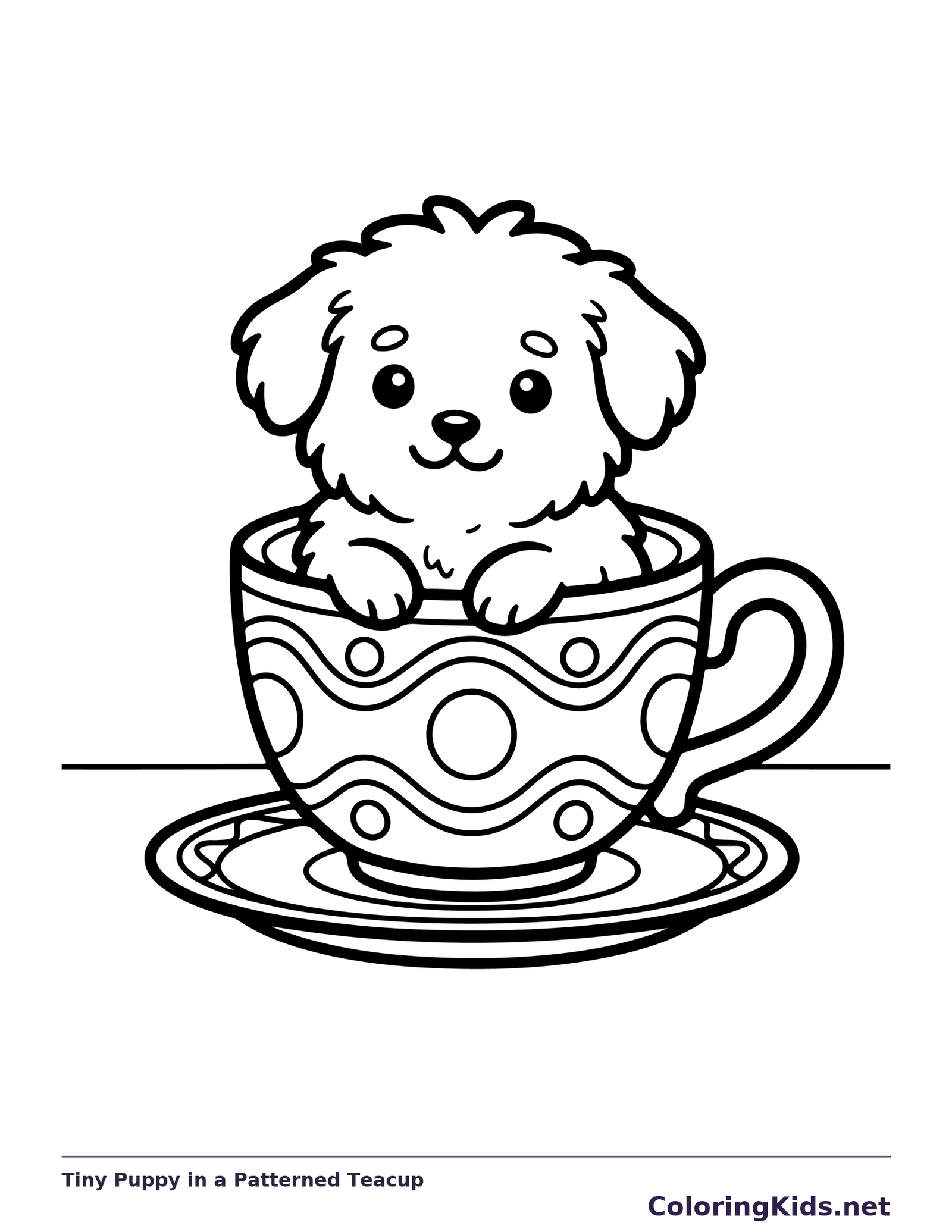 Black-and-white dog coloring page showing tiny puppy in a patterned teacup. A tiny puppy peeks over the rim of a teacup on its saucer. Wide wavy bands circle the cup beneath the dog's paws.