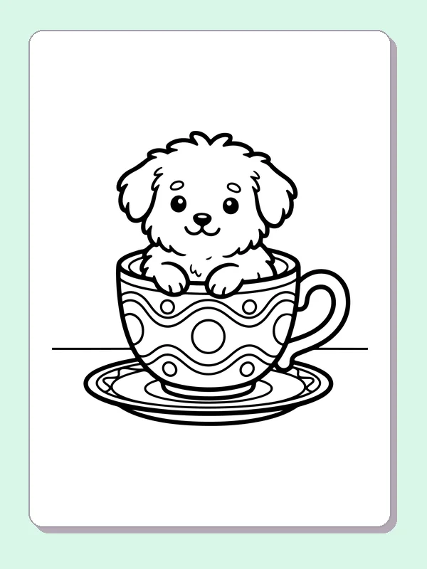 Black-and-white dog coloring page showing tiny puppy in a patterned teacup. A tiny puppy peeks over the rim of a teacup on its saucer. Wide wavy bands circle the cup beneath the dog's paws.