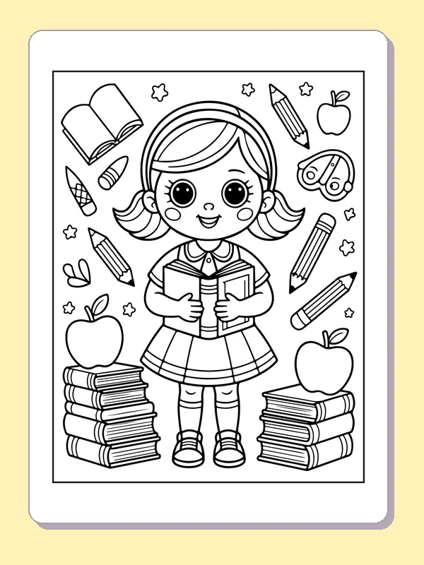 Black and white printable book-loving doll with apples coloring sheet