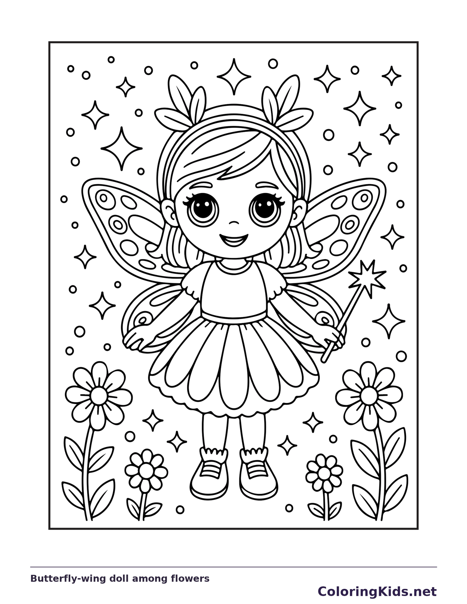 Black and white printable butterfly-wing doll among flowers coloring sheet
