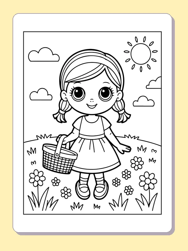 Black and white printable doll carrying a flower basket coloring sheet