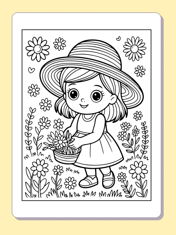 Black and white printable doll gathering garden flowers coloring sheet