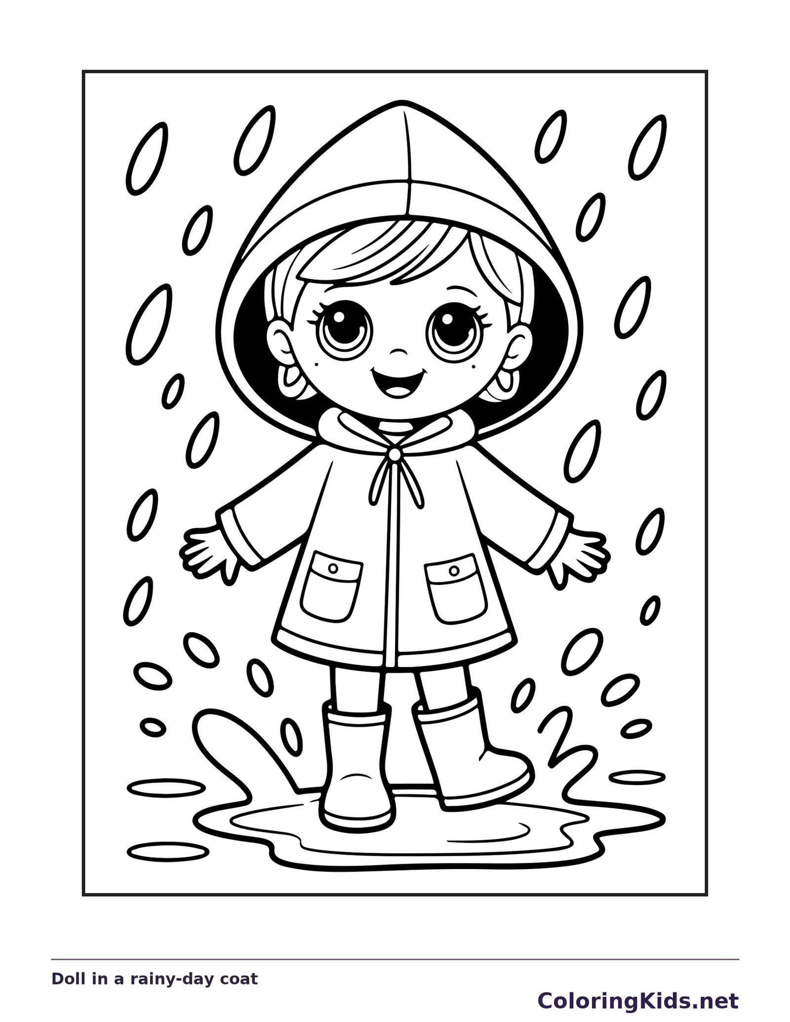 Black and white printable doll in a rainy-day coat coloring sheet