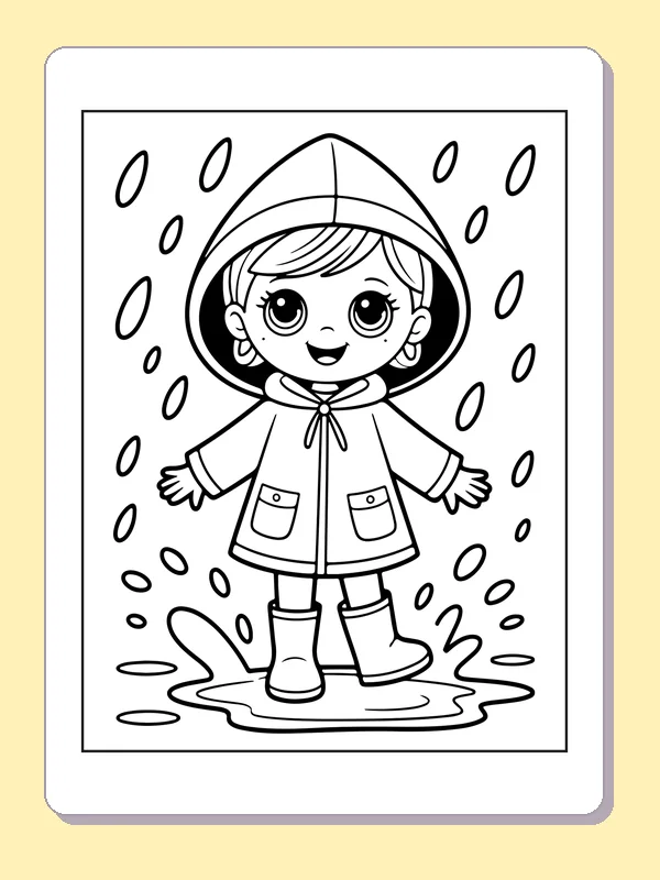 Black and white printable doll in a rainy-day coat coloring sheet