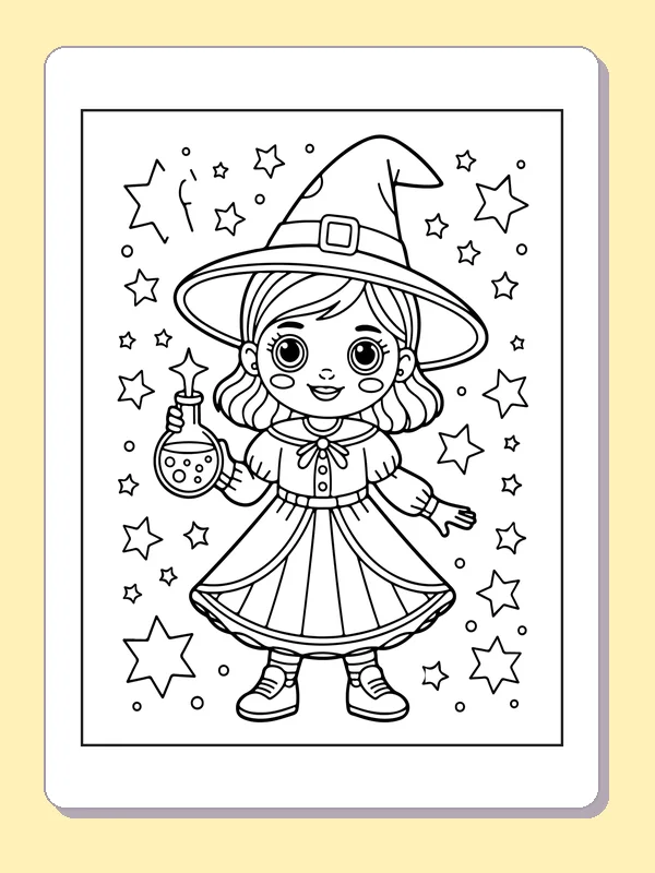 Black and white printable doll in a witch costume coloring sheet