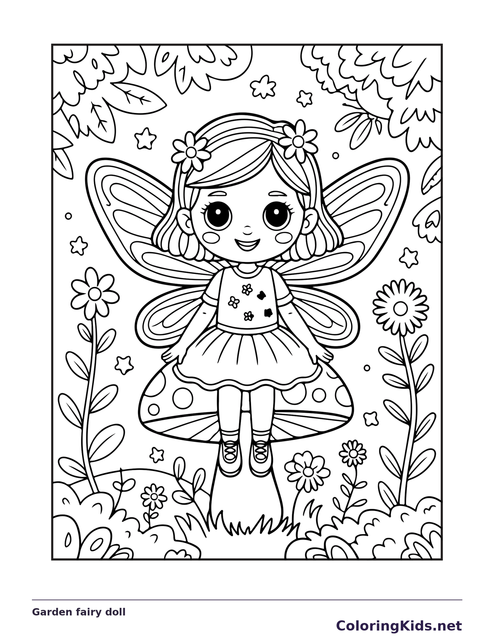 Black and white printable garden fairy doll coloring sheet