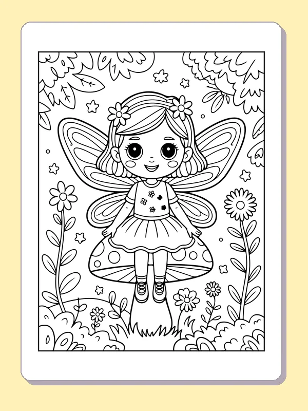 Black and white printable garden fairy doll coloring sheet