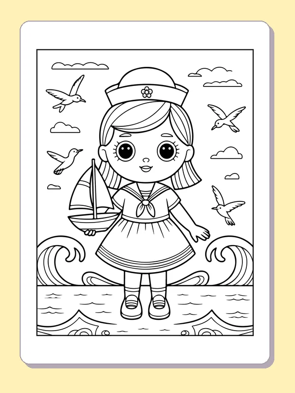 Black and white printable sailor doll at the shore coloring sheet