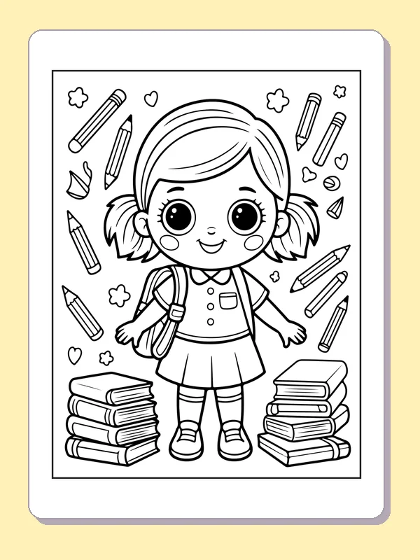 Black and white printable schoolday doll with books coloring sheet