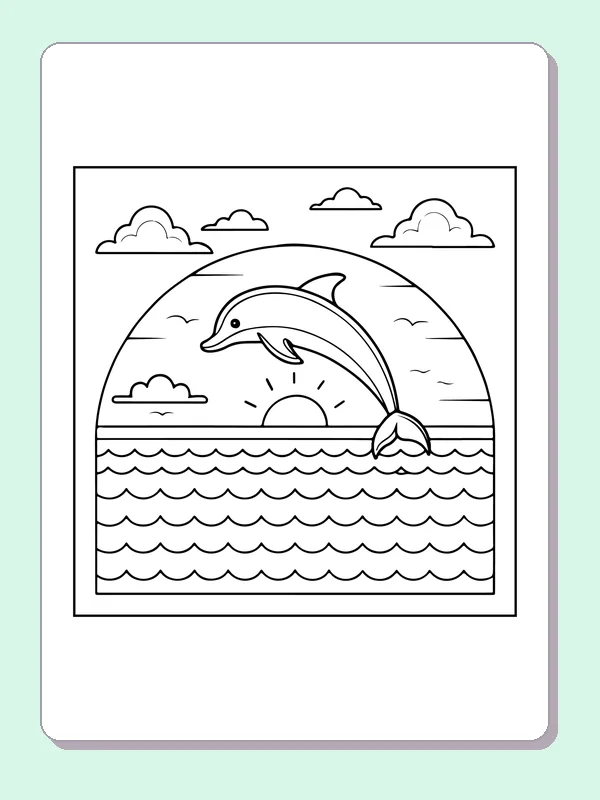 Black and white printable dolphin crossing a sunset sea coloring sheet