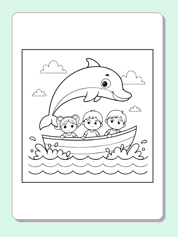 Black and white printable dolphin leaping beside a boat of children coloring sheet