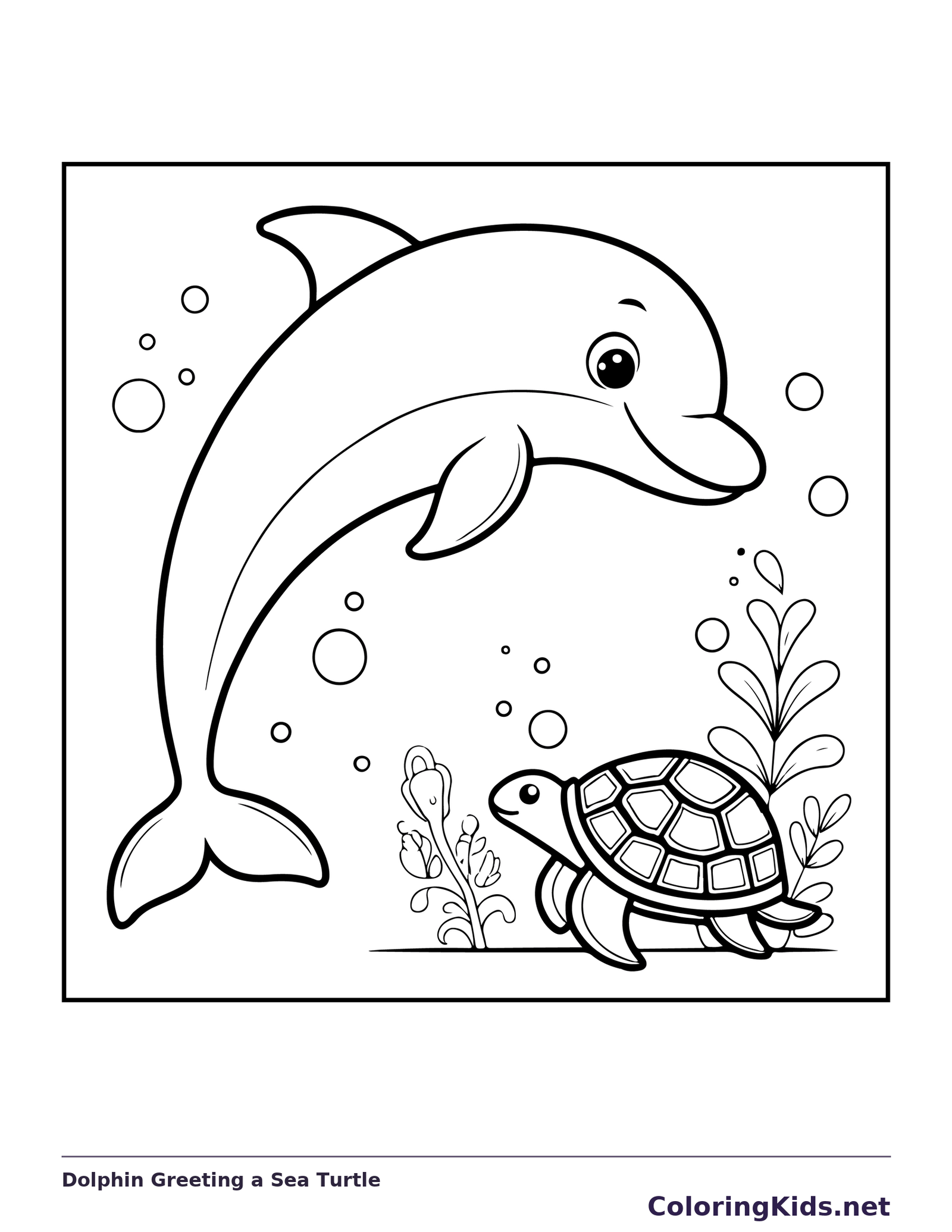 Black and white printable dolphin greeting a sea turtle coloring sheet