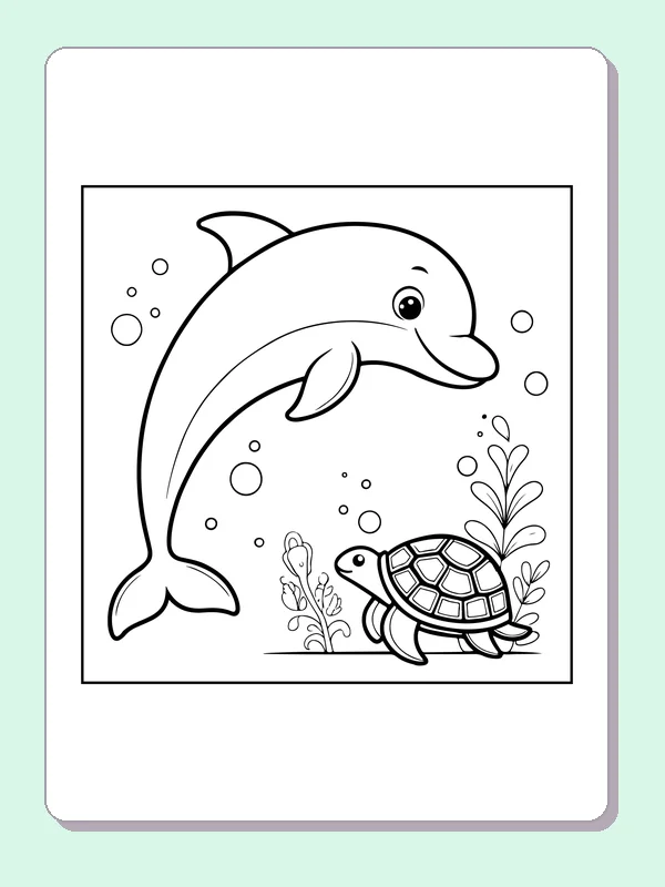 Black and white printable dolphin greeting a sea turtle coloring sheet