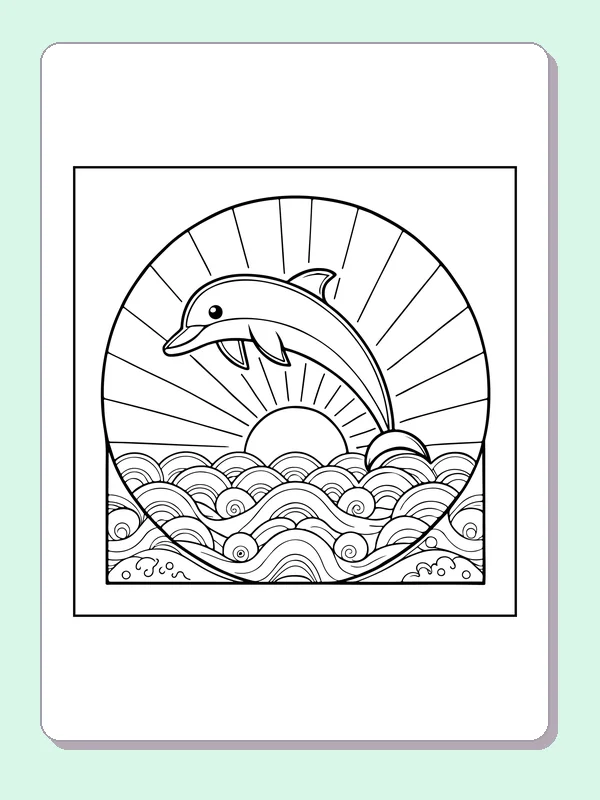 Black and white printable dolphin in a sunrise wave circle coloring sheet