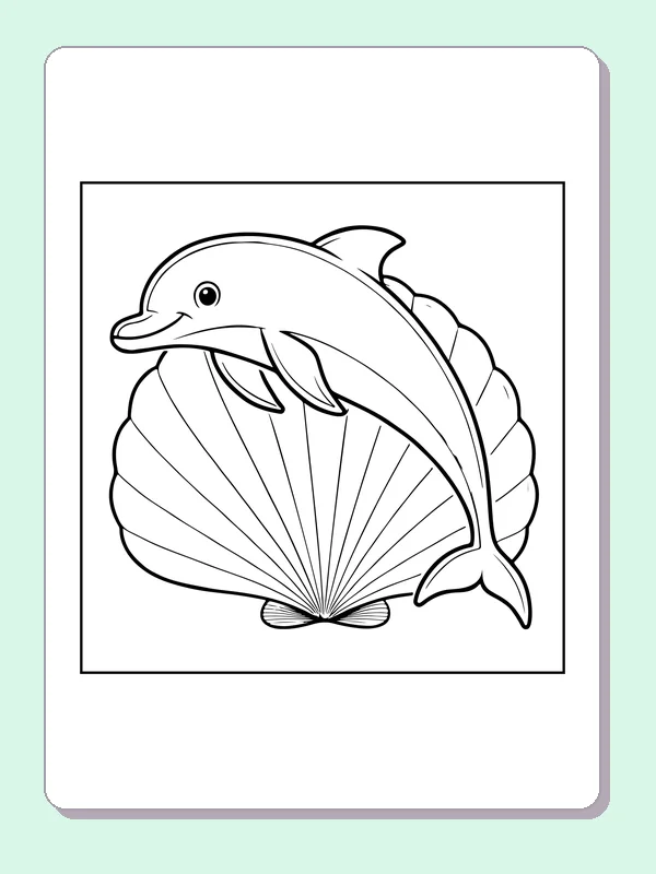Black and white printable dolphin in front of a large seashell coloring sheet