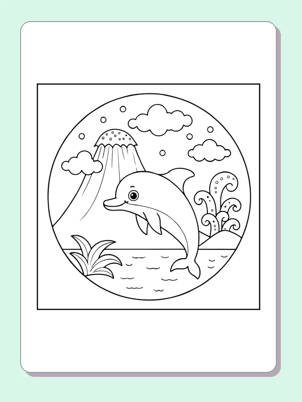 Black and white printable dolphin jumping near a waterfall coloring sheet