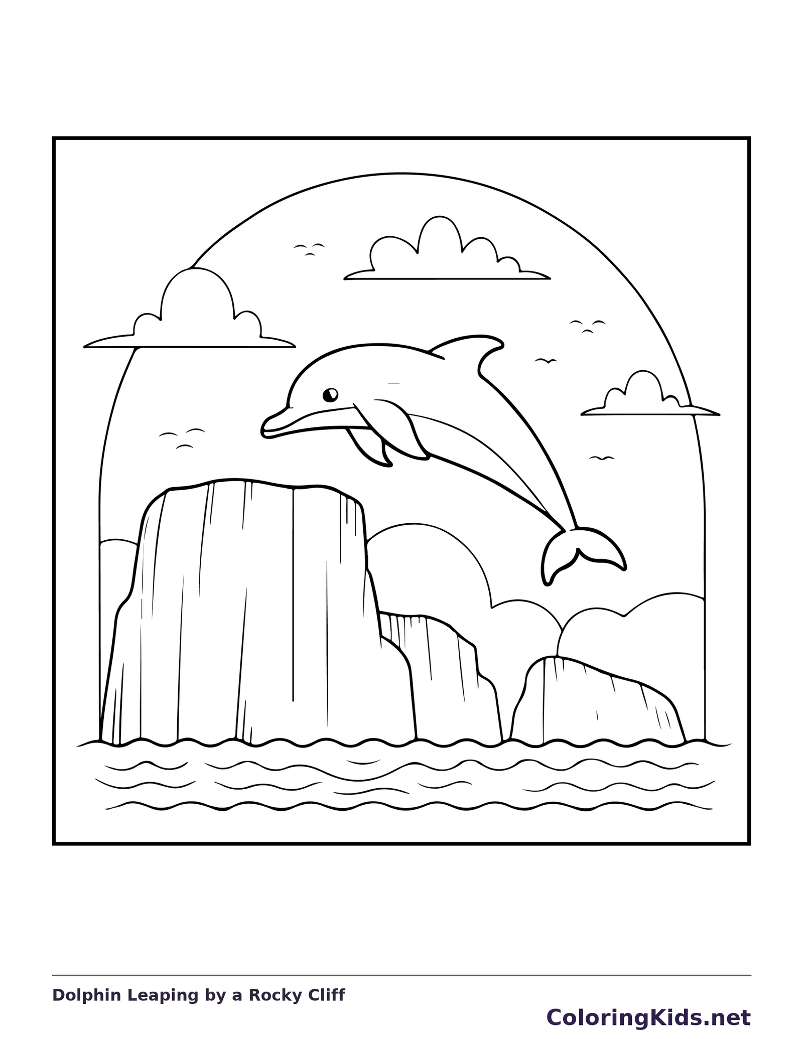 Black and white printable dolphin leaping by a rocky cliff coloring sheet