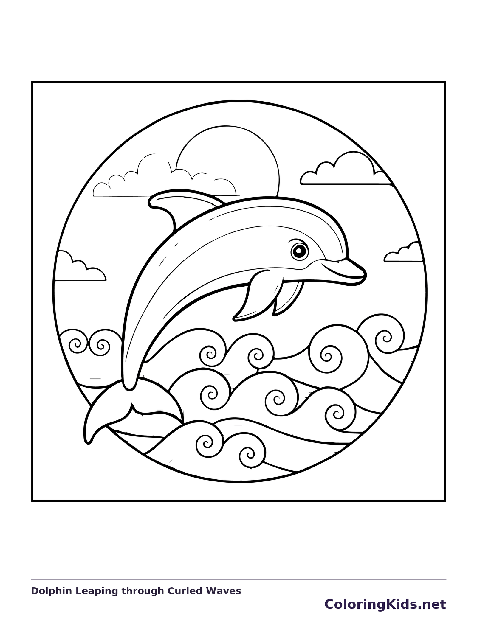 Black and white printable dolphin leaping through curled waves coloring sheet