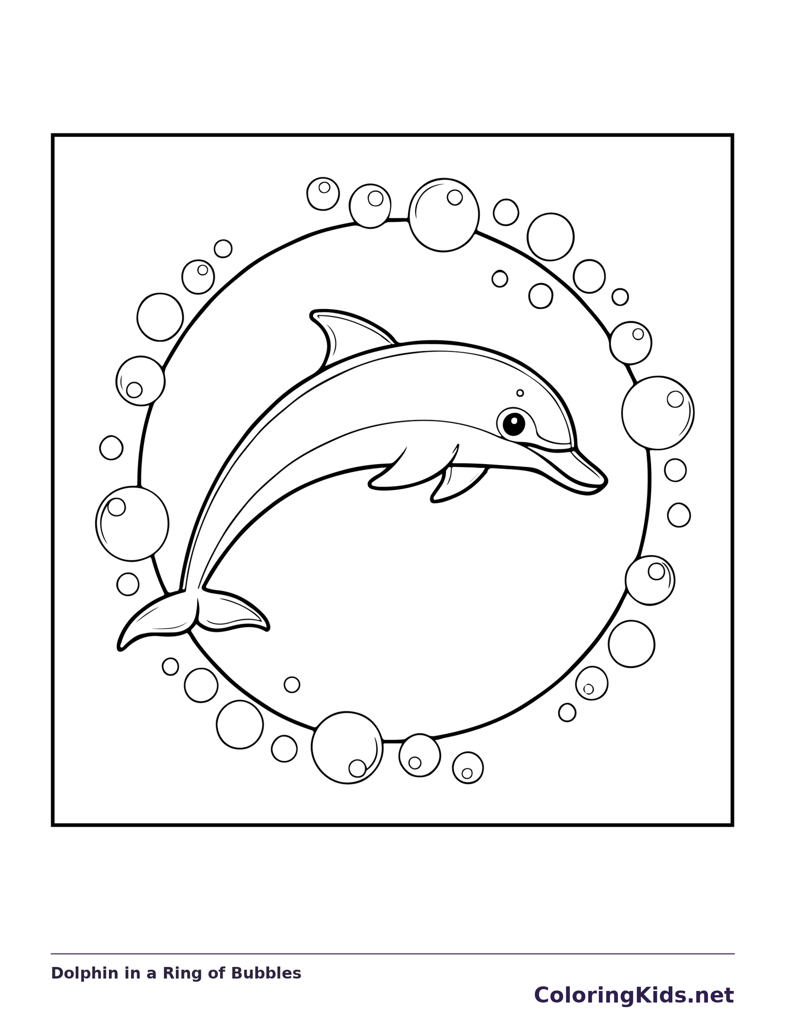 Black and white printable dolphin in a ring of bubbles coloring sheet
