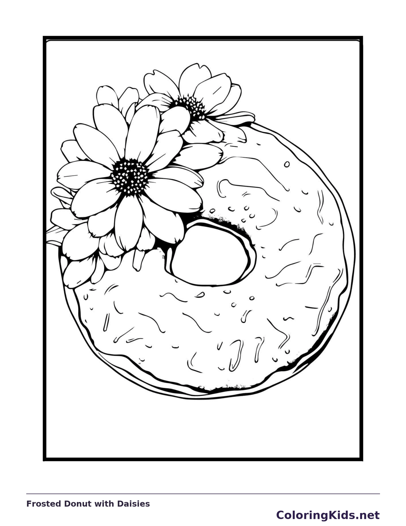 Single frosted donut topped by a cluster of large daisy-like flowers