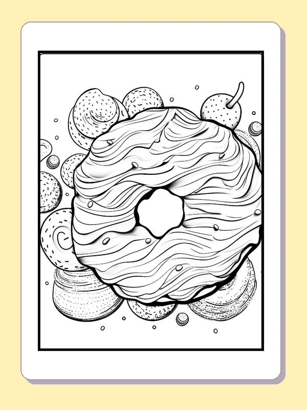 Large donut with layered wavy icing and round fruit accents behind