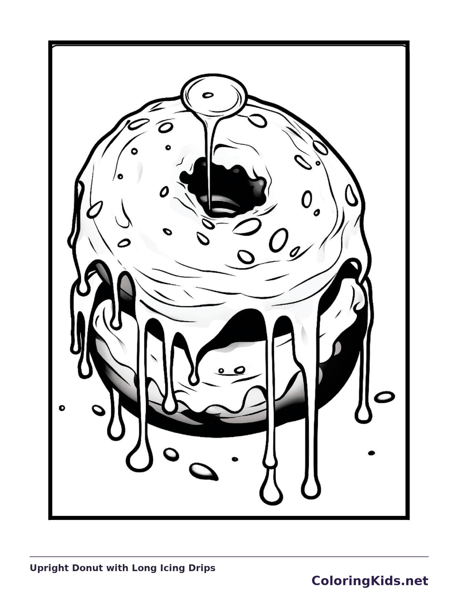 Upright iced donut with long dripping lines and small topping marks