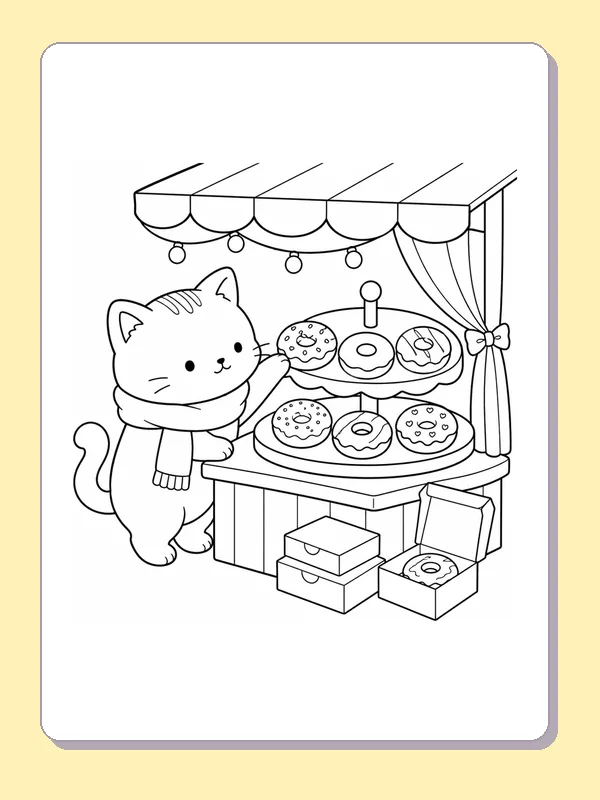 Kitten beside an awning-covered donut cart with pastry trays