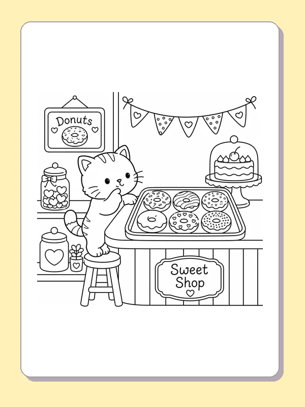 Kitten behind pastry counter with donut tray, cake and jars