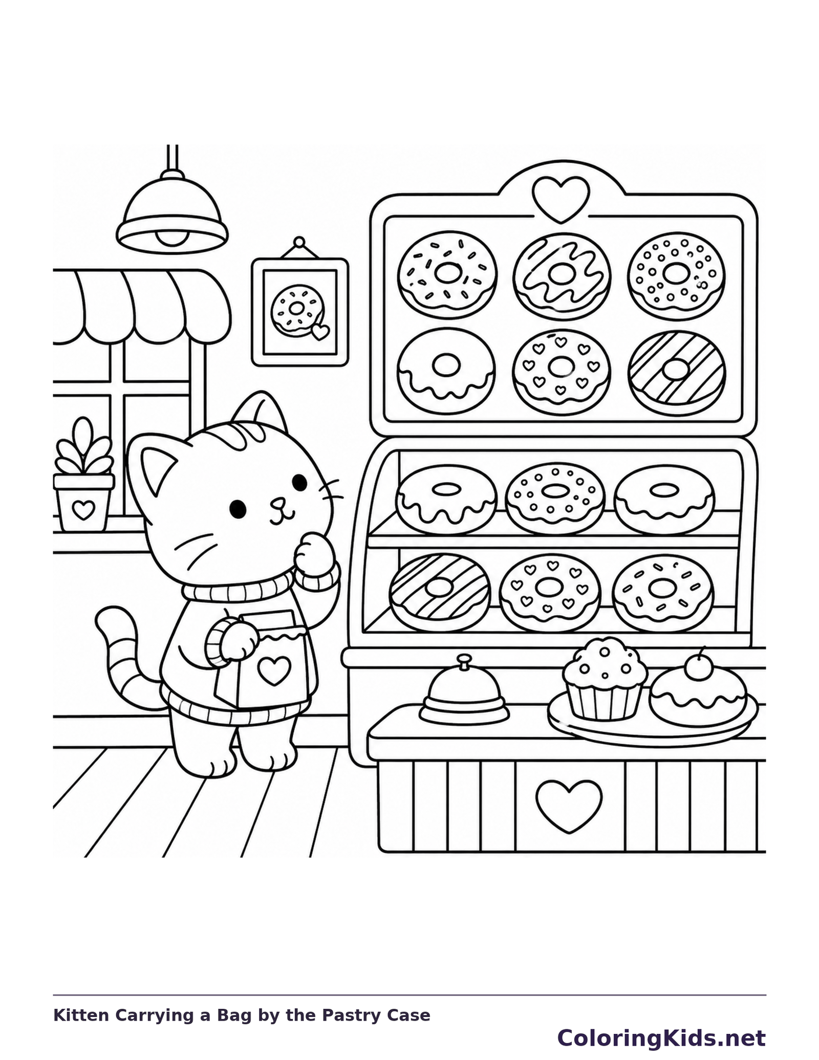 Kitten holding a bag beside a pastry case with donuts and cupcakes