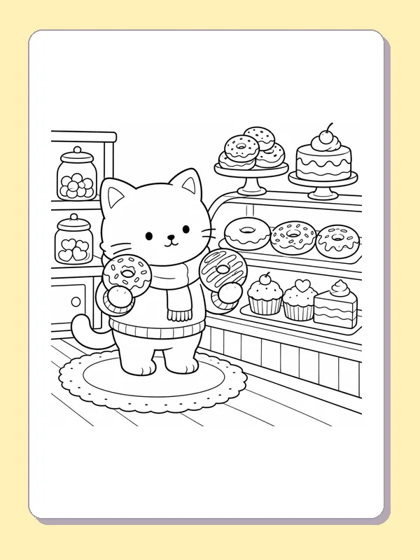 Kitten holding a donut plate in front of a busy bakery counter