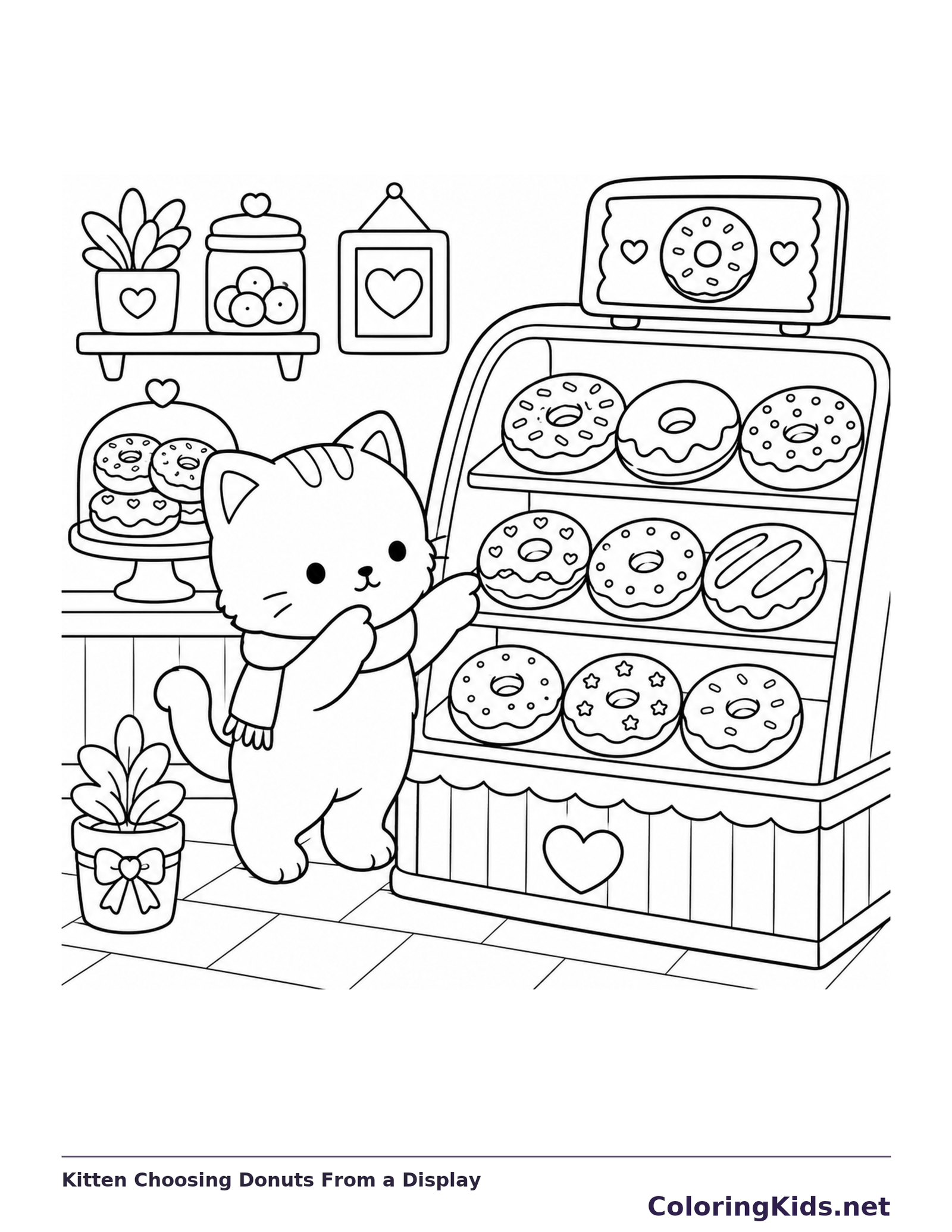 Kitten beside a curved bakery case packed with decorated donuts