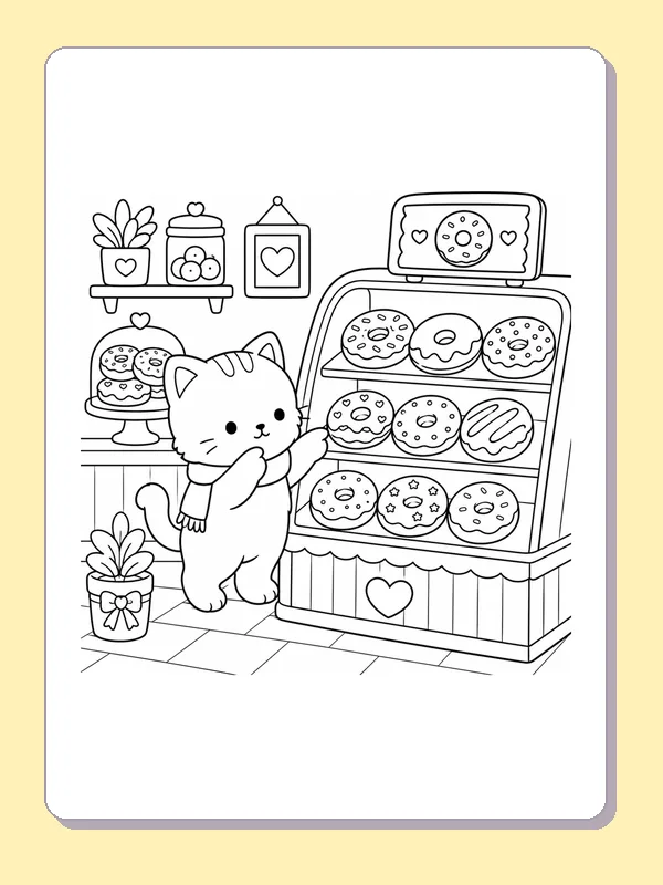 Kitten beside a curved bakery case packed with decorated donuts