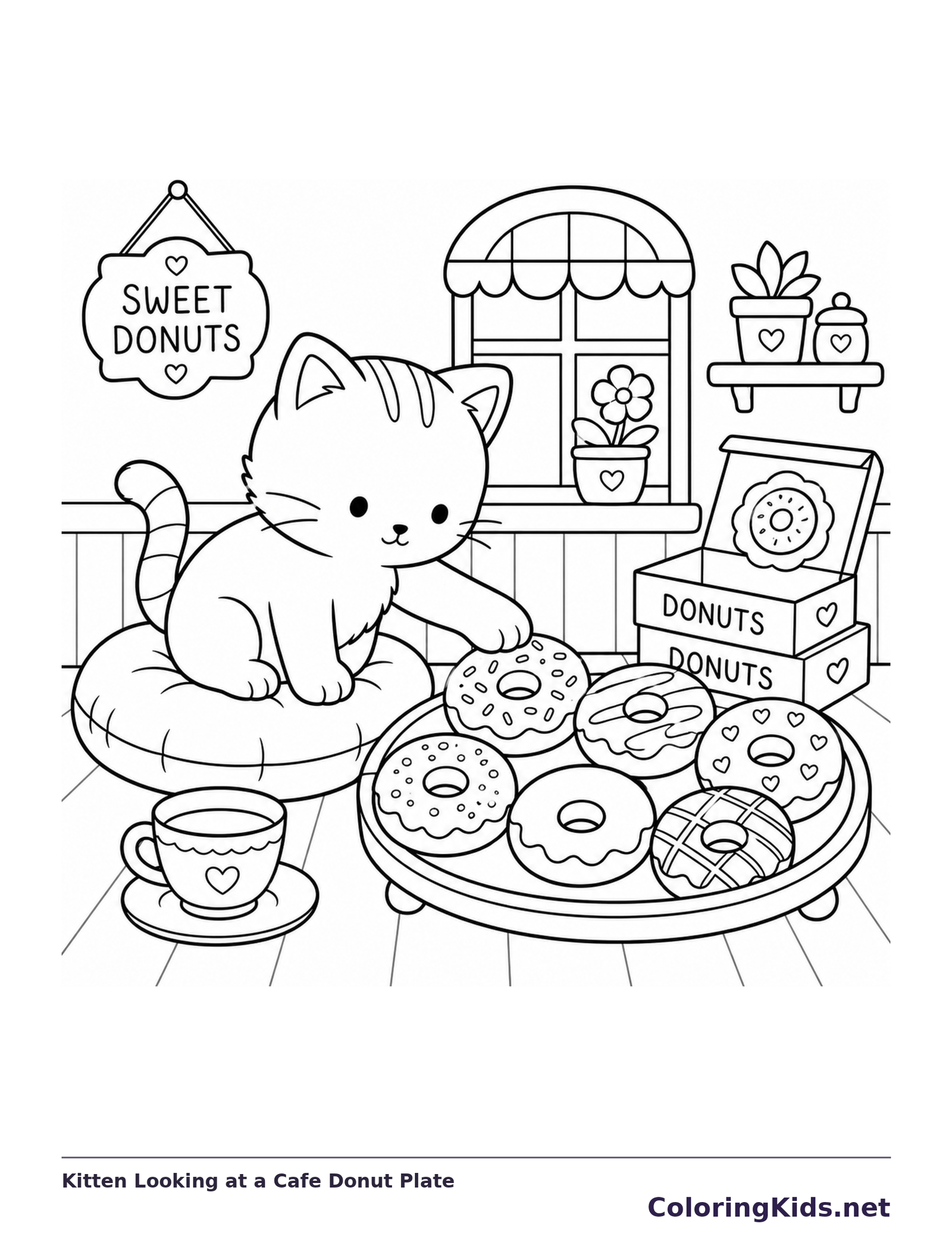 Kitten seated beside a crowded donut plate and cup at a cafe table
