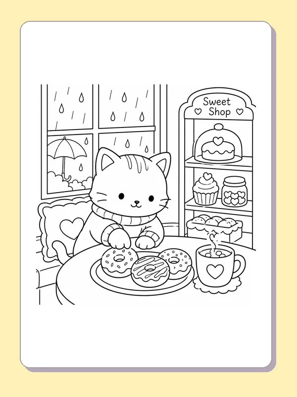 Kitten at a table with donuts and mug beside a rainy window