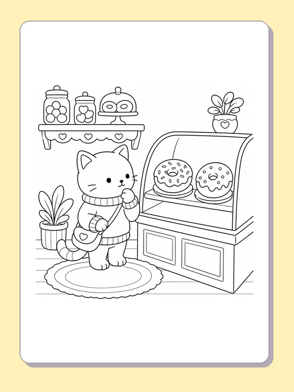 Kitten wearing an apron beside a glass pastry case and shelf jars