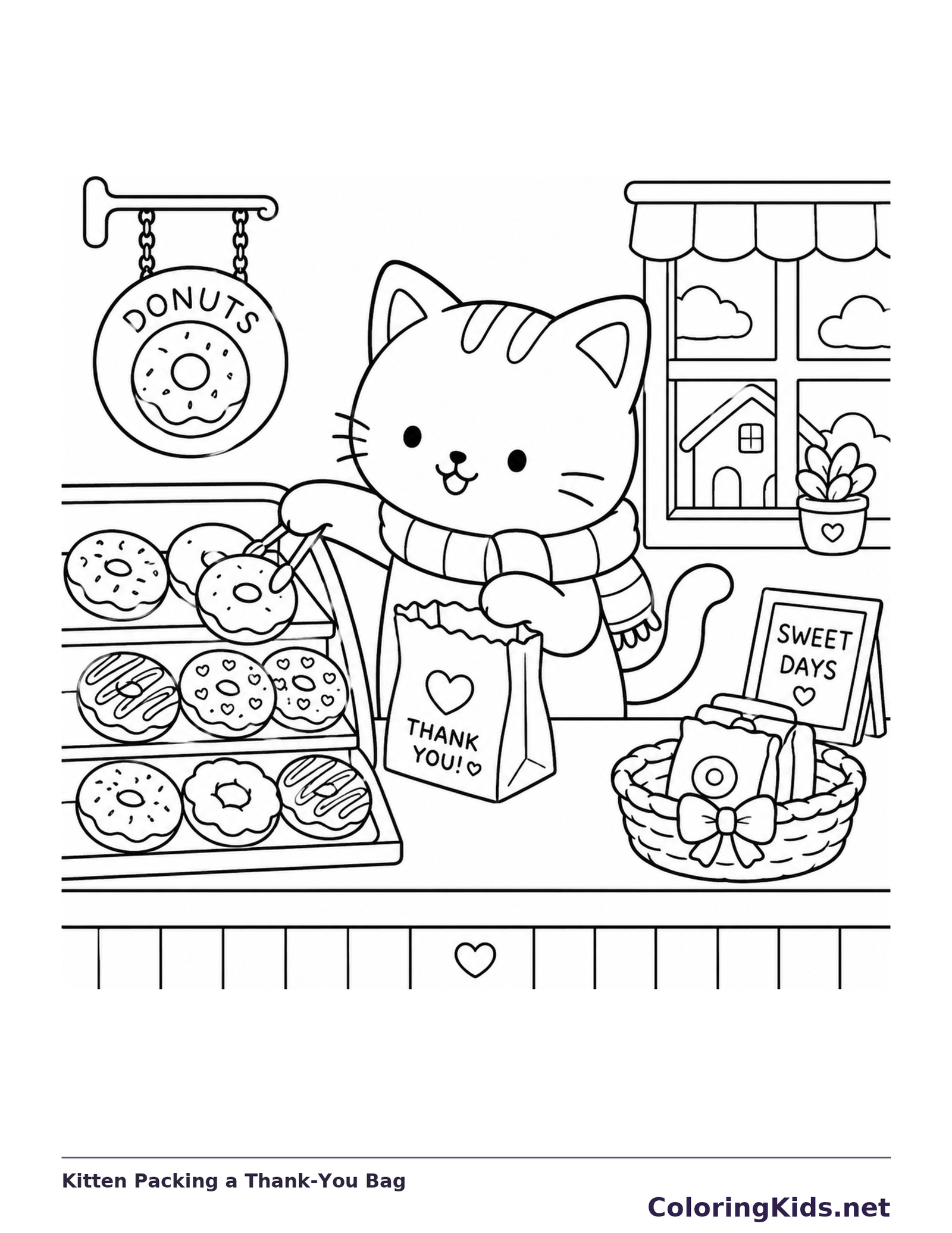 Kitten holding a thank-you bakery bag beside pastries and jars